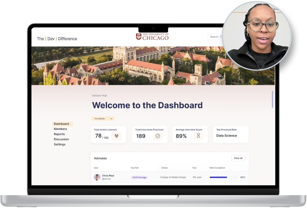 The Dev Difference advisor dashboard for The University of Chicago on a laptop, with Jovanay narrating the walkthrough
