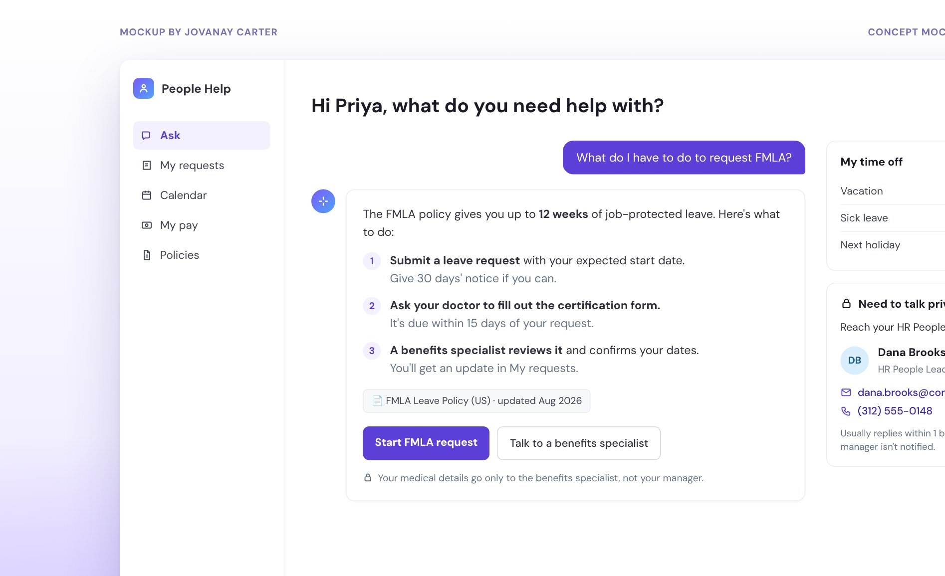 Concept mockup of the People Help assistant answering an FMLA question