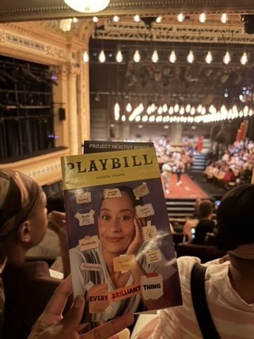 Playbill for Every Brilliant Thing held up in a theater